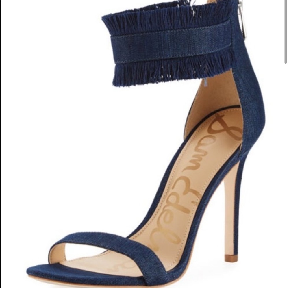 NWOT SAM EDELMAN Anabeth Denim Fringed Ankle Cuff Open Toe Heels Sandals sz 8.5